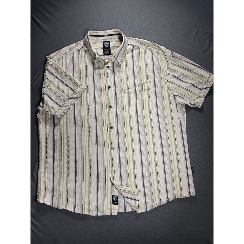 Kuhl Suncel Shirt Men's Size XL Green Striped Short Sleeve Hiking Fishing Casual